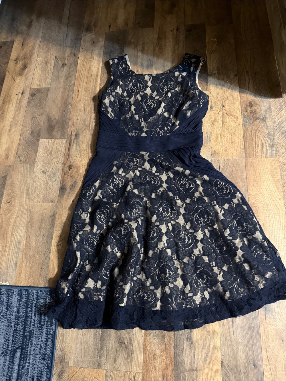Navy Lace Midi Dress with Nude Underlay - Elegant Sleeveless Fit